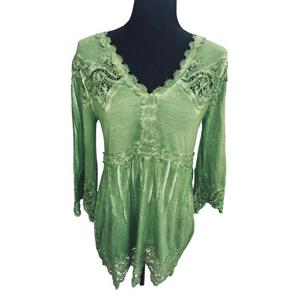 Soft Surroundings Petite S Boho Cottage Core Green Tunic Top Lace Trim V-Neck - Picture 1 of 9